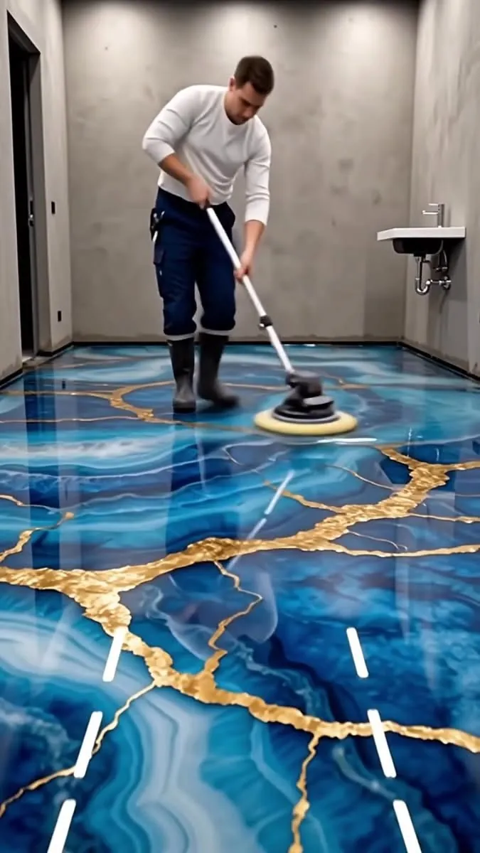Aplicador puliendo piso epóxico efecto ágata azul con vetas de oro