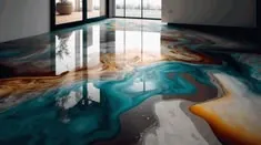 Piso epóxico turquesa con ondas doradas y blancas